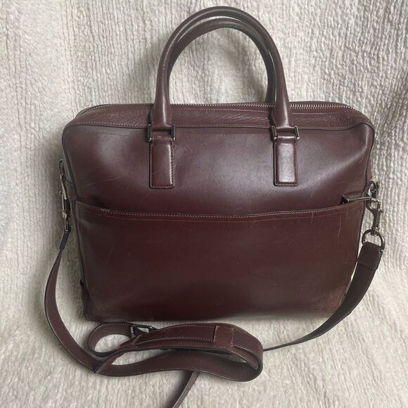 Cole Haan leather deep Brown Hamilton laptop bag with silver tone hardwares